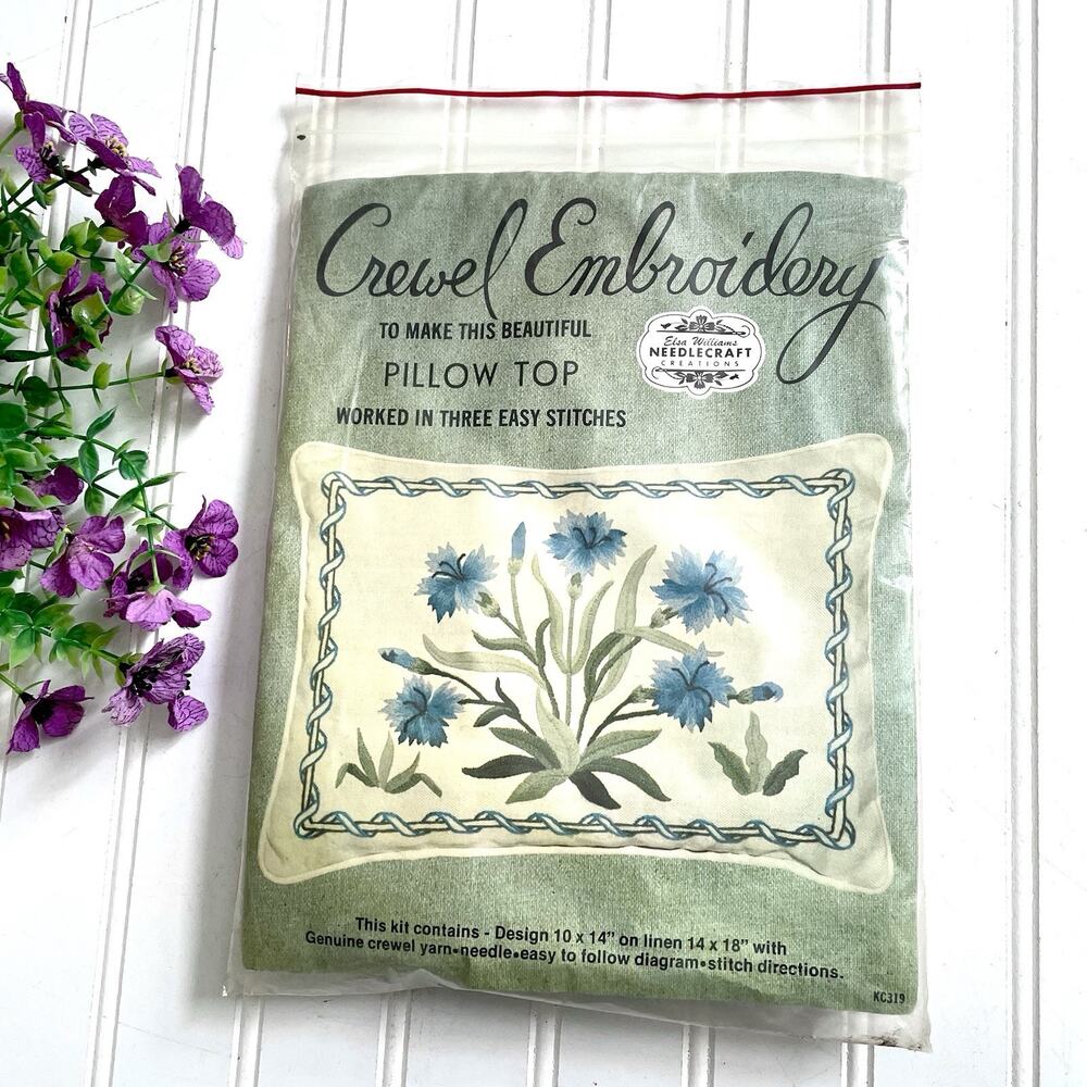 VTG Elsa Williams Crewel Embroidery Pillow Top Kit KC319 Blue Cornflowers NOS